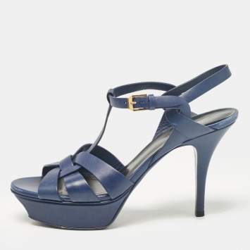 Pre Owned Saint Laurent Navy Blue Leather Tribute Sandals Size 38