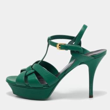 Pre Owned Saint Laurent Green Leather Tribute Sandals Size 38
