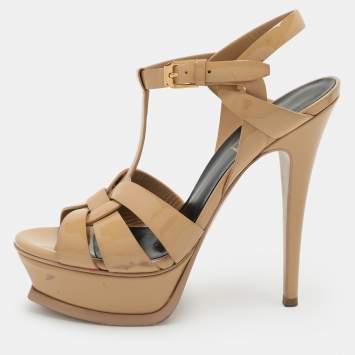 Pre Owned Saint Laurent Beige Patent Leather Tribute Platform Sandals Size 35