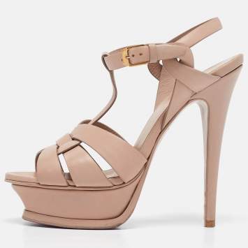 Pre Owned Saint Laurent Beige Leather Tribute Platform Sandals Size 35
