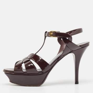 Pre Owned Saint Laurent Dark Brown Patent Leather Tribute Sandals Size 36