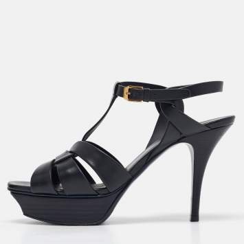 Pre Owned Saint Laurent Navy Blue Leather Tribute Sandals Size 39