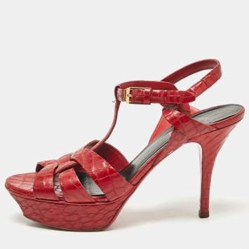 Pre Owned Saint Laurent Red Croc Embossed Leather Tribute Platform Sandals Size 37