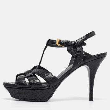 Pre Owned Saint Laurent Black Embossed Croc Tribute Sandals Size 38