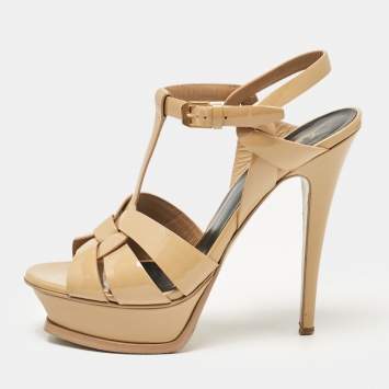 Saint Laurent Beige Patent Leather Tribute Sandals Size 37.5