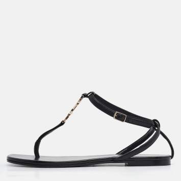 Saint Laurent Black Leather Monogram T Strap Flats Size 36.5