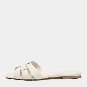Pre Owned Saint Laurent White Leather Tribute Flat Sandals Size 39