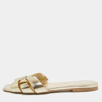 Pre Owned Saint Laurent Gold Leather Tribute Slide Flats Size 36