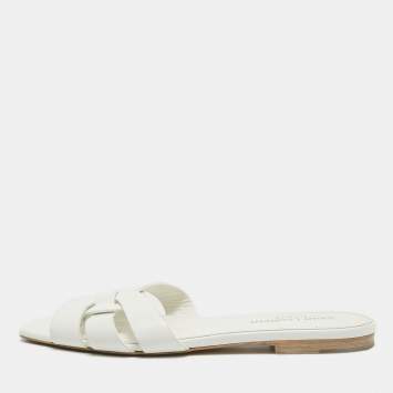 Pre Owned Saint Laurent White Leather Tribute Flat Slides Size 36