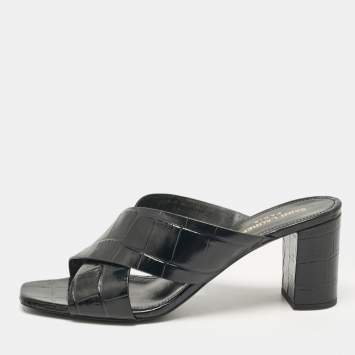 Pre Owned Saint Laurent Black Croc Embossed Leather Loulou Slide Sandals Size 38.5