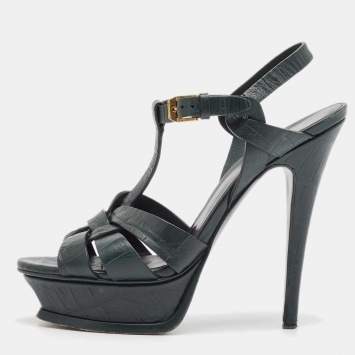 Pre Owned Saint Laurent Dark Green Croc Embossed Leather Tribute Platform Sandals Size 36