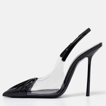 Pre Owned Saint Laurent Paris Black Patent Leather and PVC Pointed Toe Slingback Pumps Size 37