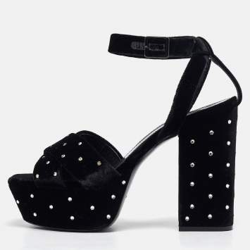 Pre Owned Saint Laurent Black Velvet Farrah Platform Ankle Strap Sandals Size 38