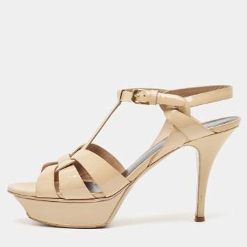 Pre Owned Saint Laurent Beige Patent Leather Tribute Platform Sandals Size 38.5