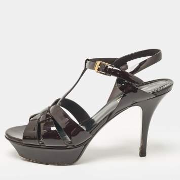 Pre Owned Saint Laurent Dark Brown Patent Leather Tribute Platform Sandals Size 38.5