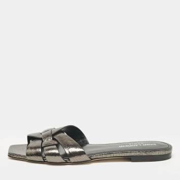 Pre Owned Saint Laurent Metallic Leather Tribute Flat Sandals Size 36.5