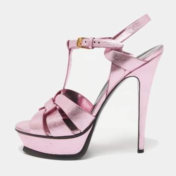 Pre Owned Saint Laurent Pink Leather Tribute Platform Sandals Size 39