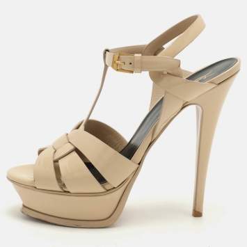 Pre Owned Saint Laurent Beige Patent Leather Tribute Ankle Strap Sandals Size 38