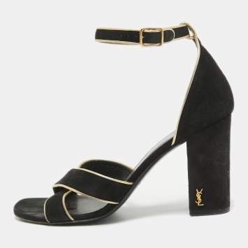 Pre Owned Saint Laurent Black Suede Ankle Strap Sandals Size 38.5
