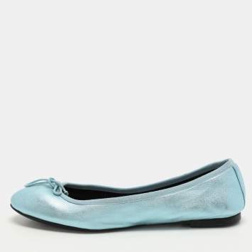 Saint Laurent Metallic Blue Leather Bow Ballet Flats Size 36