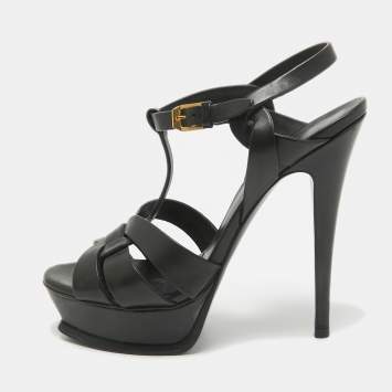 Pre Owned Saint Laurent Black Leather Tribute Platform Sandals Size 38