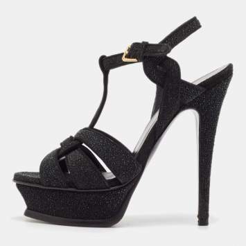 مملوكة مسبقًا Saint Laurent Black Glitter Suede Tribute Sandals Size 35