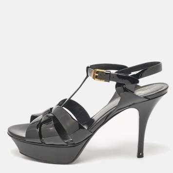 مملوكة مسبقًا Saint Laurent Black Patent Leather Tribute Ankle Strap Sandals Size 38