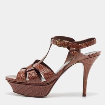 Pre Owned Saint Laurent Dark Brown Lizard Embossed Leather Tribute Platform Sandals Size 35.5