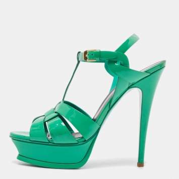 Pre Owned Saint Laurent Green Patent Tribute Platform Sandals Size 39