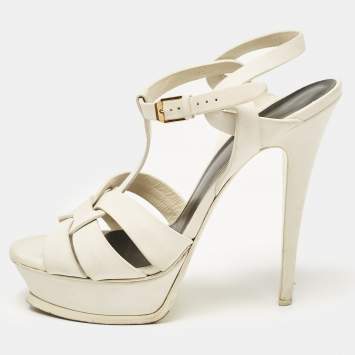 Saint Laurent White Leather Tribute Platform Sandals Size 40
