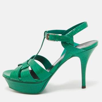 Pre Owned Saint Laurent Green Croc Embossed Leather Tribute Platform Sandals Size 37.5