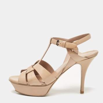 Pre Owned Saint Laurent Beige Patent Leather Tribute Platform Sandals Size 37