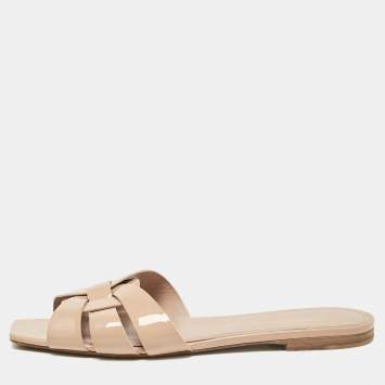 Pre Owned Saint Laurent Beige Patent Leather Tribute Flat Slides Size 38.5