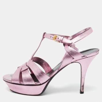 Saint Laurent Metallic Pink Leather Tribute Platform Sandals Size 40