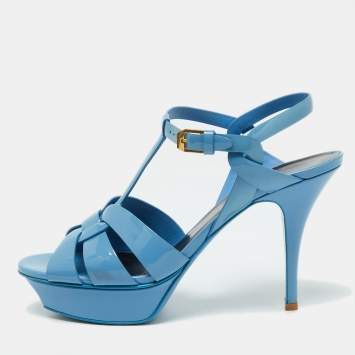 Pre Owned Saint Laurent Blue Patent Leather Tribute Platform Sandals Size 40