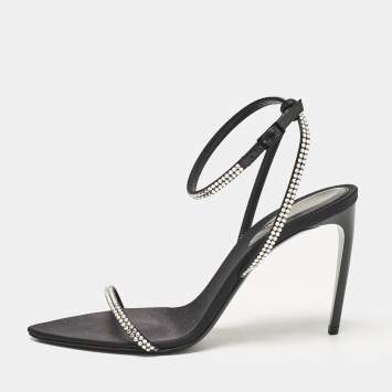 Pre Owned Saint Laurent Black Satin Crystal Embellished Ankle Strap Sandals Size 37