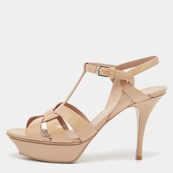 Pre Owned Saint Laurent Beige Patent Leather Tribute Sandals Size 39