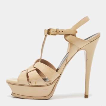 Saint Laurent Beige Patent Leather Tribute Platform Sandals Size 39