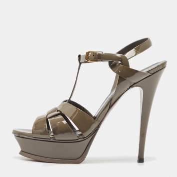 Pre Owned Saint Laurent Grey Patent Leather Tribute Platform Sandals Size 39.5