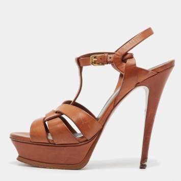 Pre Owned Saint Laurent Brown Leather Tribute Platform Sandals Size 39.5