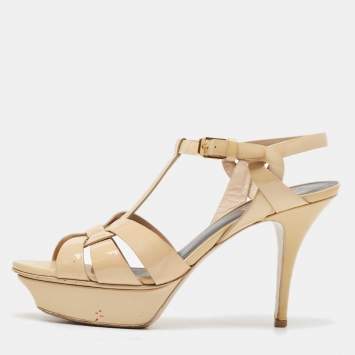 Pre Owned Saint Laurent Beige Patent Leather Tribute Platform Sandals Size 38.5
