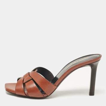 Pre Owned Saint Laurent Brown Leather Tribute Slide Sandals Size 35.5