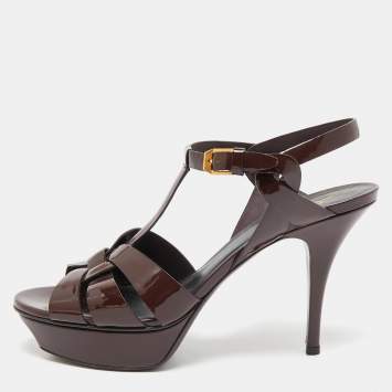 Pre Owned Saint Laurent Burgundy Patent Leather Tribute Platform Sandals Size 40