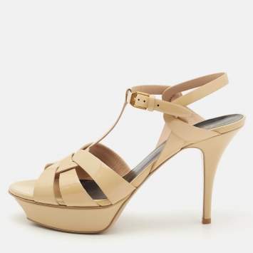 Pre Owned Saint Laurent Beige Patent Leather Tribute Platform Sandals Size 40.5