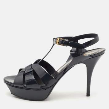 Pre Owned Saint Laurent Navy Blue Patent Leather Tribute Platform Sandals Size 40