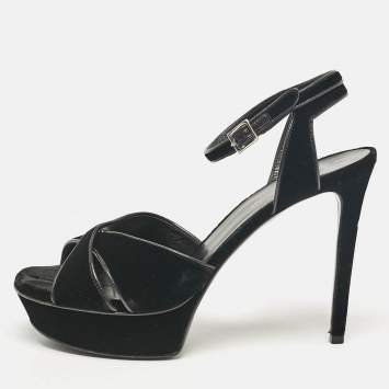 Saint Laurent Black Velvet Bianca Ankle Strap Sandals Size 39