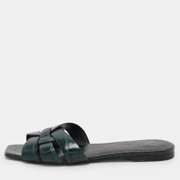 Pre Owned Saint Laurent Paris Green Croc Embossed Leather Tribute Slide Sandals Size 36.5