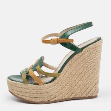 Saint Laurent Green Patent Leather and Suede Tribute Wedge Sandals Size 38.5