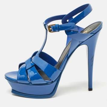 مملوكة مسبقًا Saint Laurent Blue Patent Leather Tribute Platform Ankle Strap Sandals Size 38