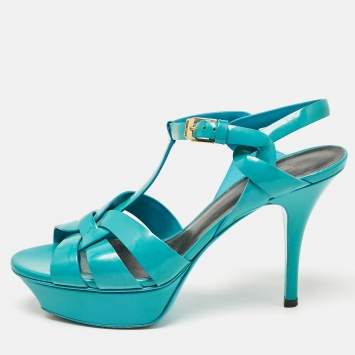 Pre Owned Saint Laurent Blue Patent Tribute Ankle Strap Sandals Size 37